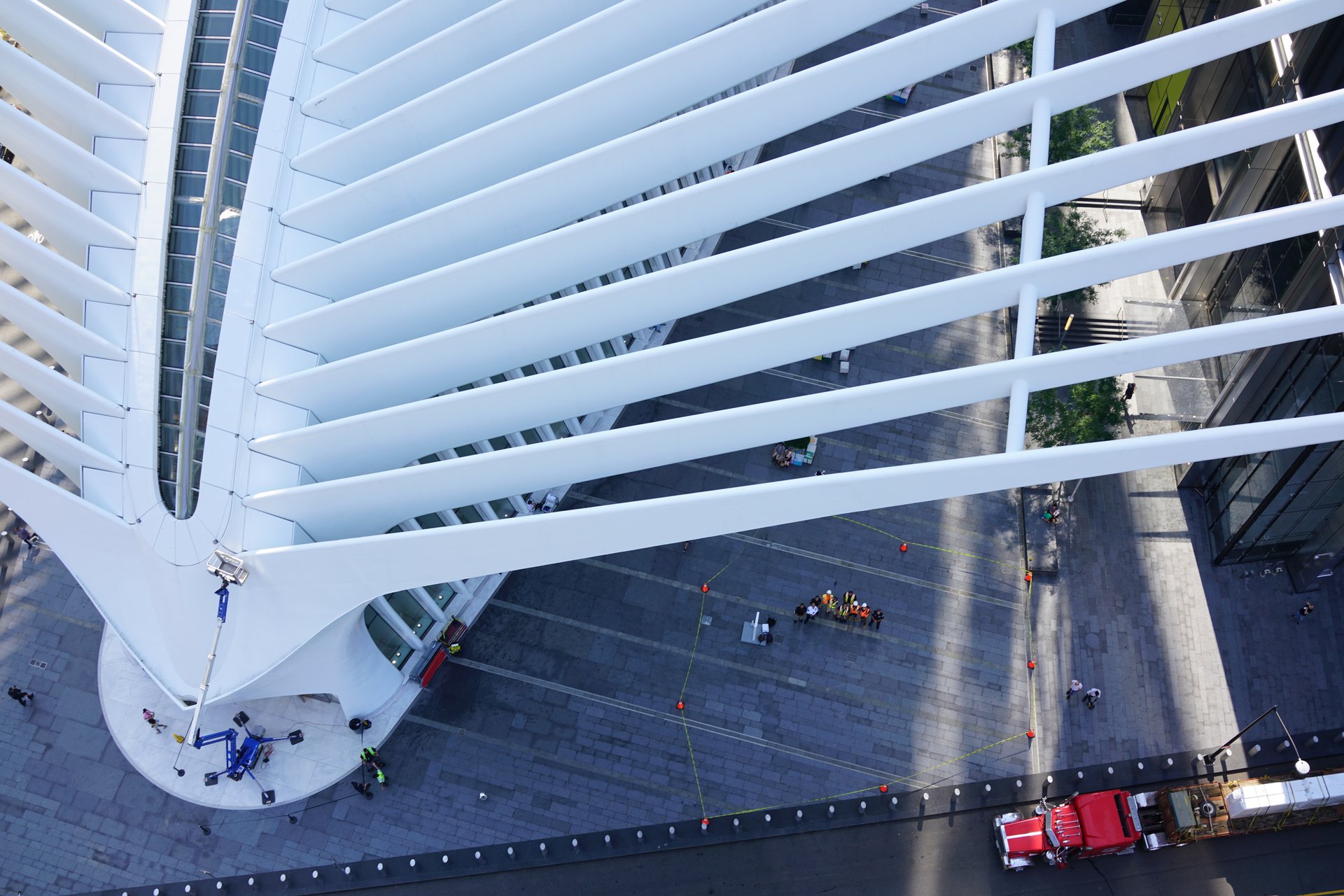 Close-up drone view of Oculus steel rib structure detail